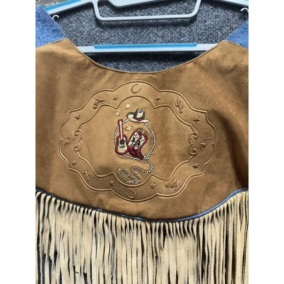 Vintage SapMan Western 80’s Denim Fringe Skirt Midi W/ Poncho Size 5/6 - Picture 9 of 13